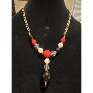 Vintage Red Black Beaded Faux Pearl Crystal Gold Tone Necklace